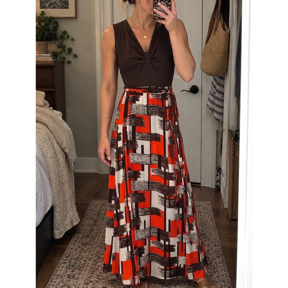 Vintage 1970s Bleecker Street Maxi Dress‎ Size 12 Mod Geometric Print ILGWU